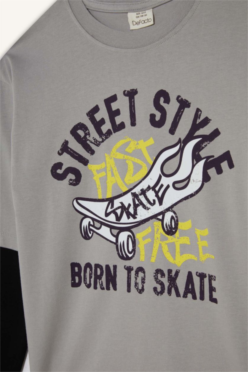 Erkek Çocuk - Genç Erkek Gri Erkek Çocuk Oversize Geniş Kalıp Bisiklet Yaka Baskılı Uzun Kollu Tişört