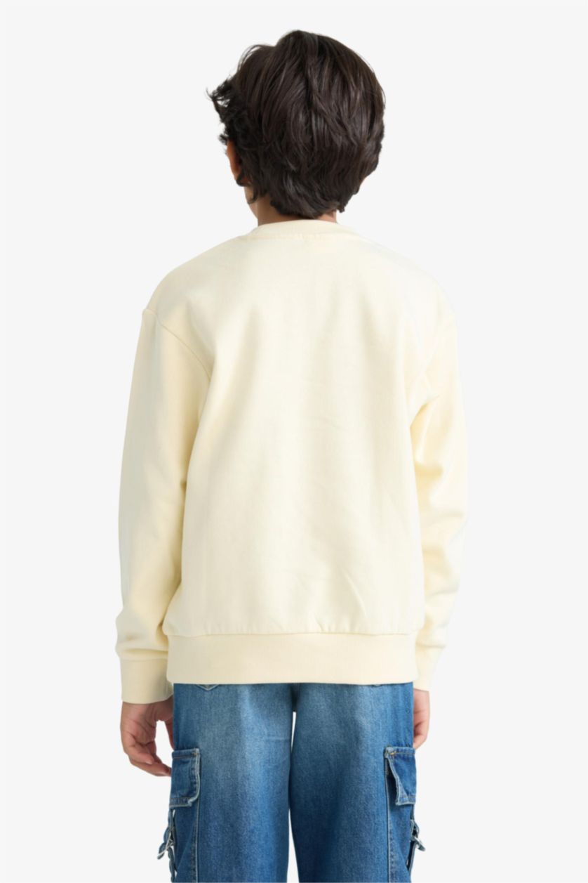 Boys & Teens Ecru Boy Bicycle Printed Collar Soft Lining Sweatshirt