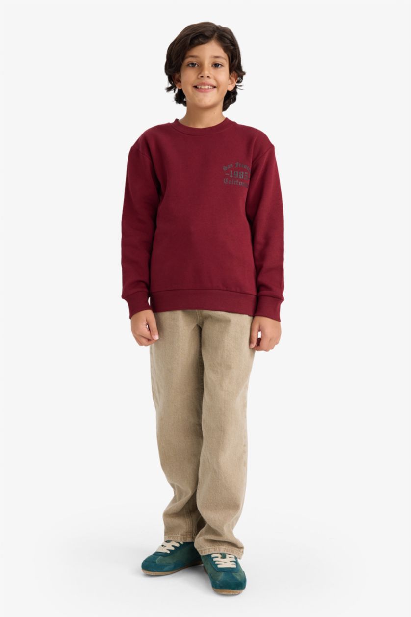 Erkek Çocuk - Genç Erkek Bordo Erkek Çocuk Bisiklet Yaka Basic Düz İçi Yumuşak Tüylü Sweatshirt