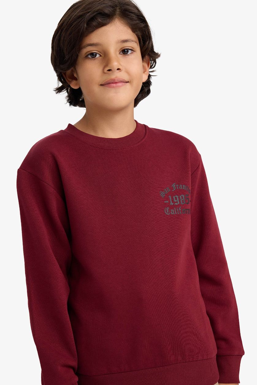 Erkek Çocuk - Genç Erkek Bordo Erkek Çocuk Bisiklet Yaka Basic Düz İçi Yumuşak Tüylü Sweatshirt