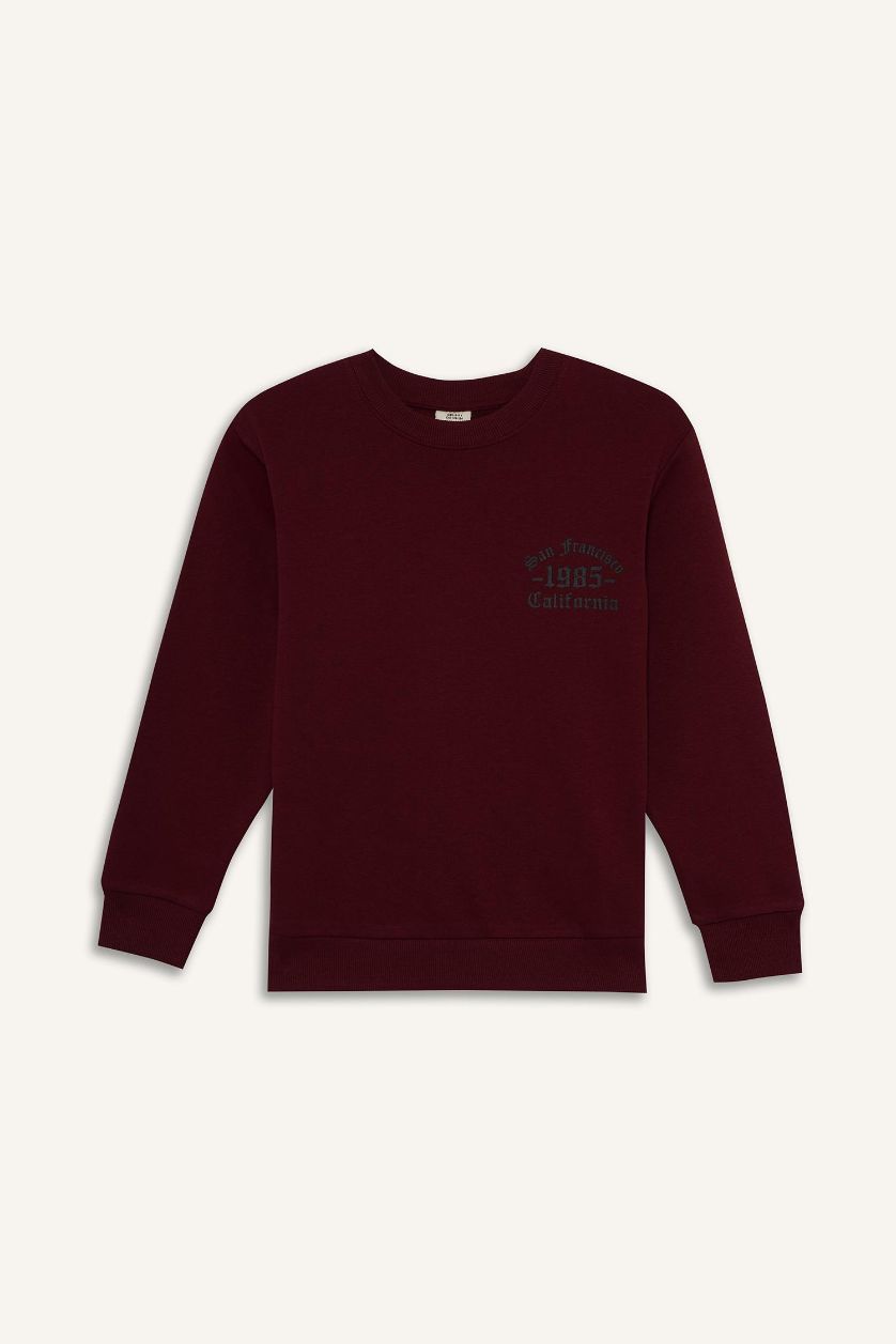 Erkek Çocuk - Genç Erkek Bordo Erkek Çocuk Bisiklet Yaka Basic Düz İçi Yumuşak Tüylü Sweatshirt