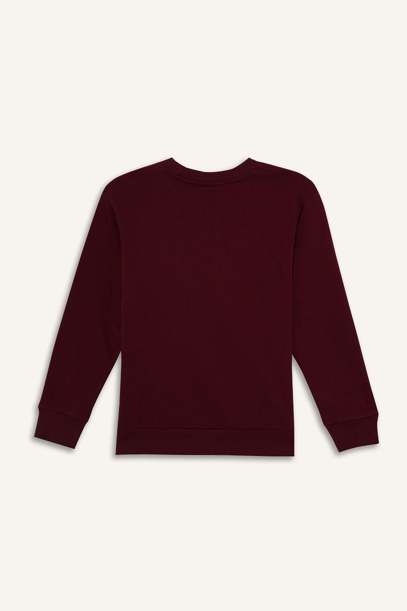 Erkek Çocuk - Genç Erkek Bordo Erkek Çocuk Bisiklet Yaka Basic Düz İçi Yumuşak Tüylü Sweatshirt