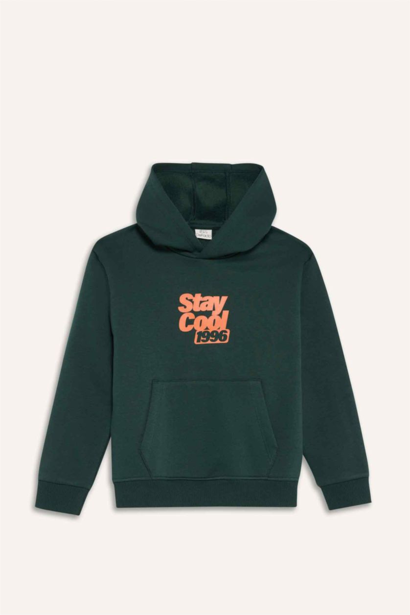 Мальчики и подростки Темно-зеленый Толстовка с капюшоном для мальчика, с принтом, с мягкой меховой подкладкой