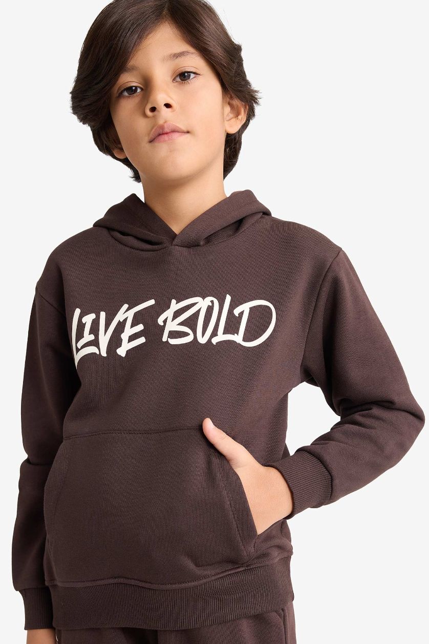 Erkek Çocuk - Genç Erkek Kahve Kapüşonlu Baskılı İçi Yumuşak Tüylü Sweatshirt Erkek Çocuk