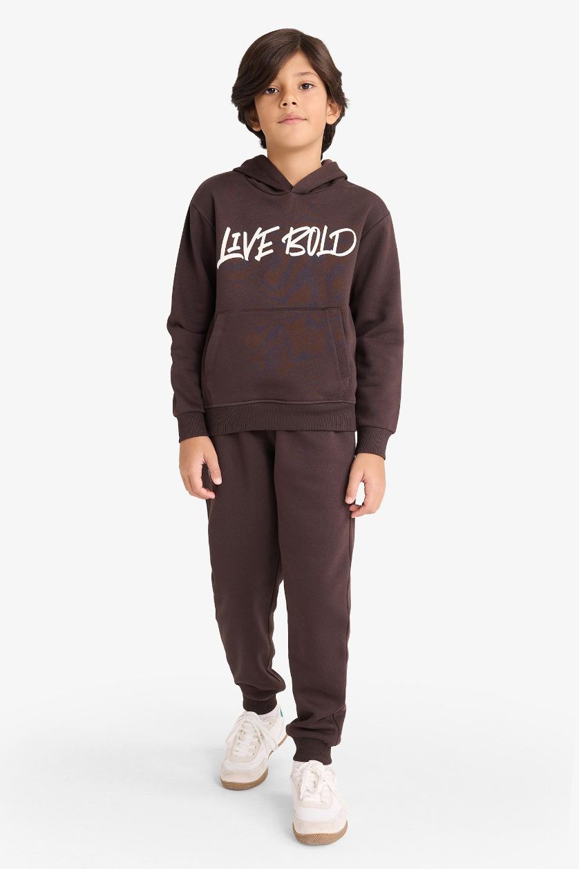 Erkek Çocuk - Genç Erkek Kahve Kapüşonlu Baskılı İçi Yumuşak Tüylü Sweatshirt Erkek Çocuk