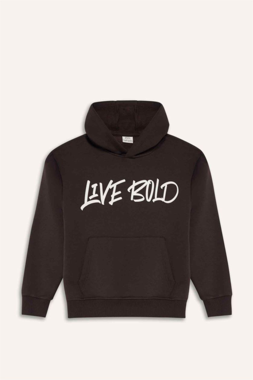 Erkek Çocuk - Genç Erkek Kahve Kapüşonlu Baskılı İçi Yumuşak Tüylü Sweatshirt Erkek Çocuk