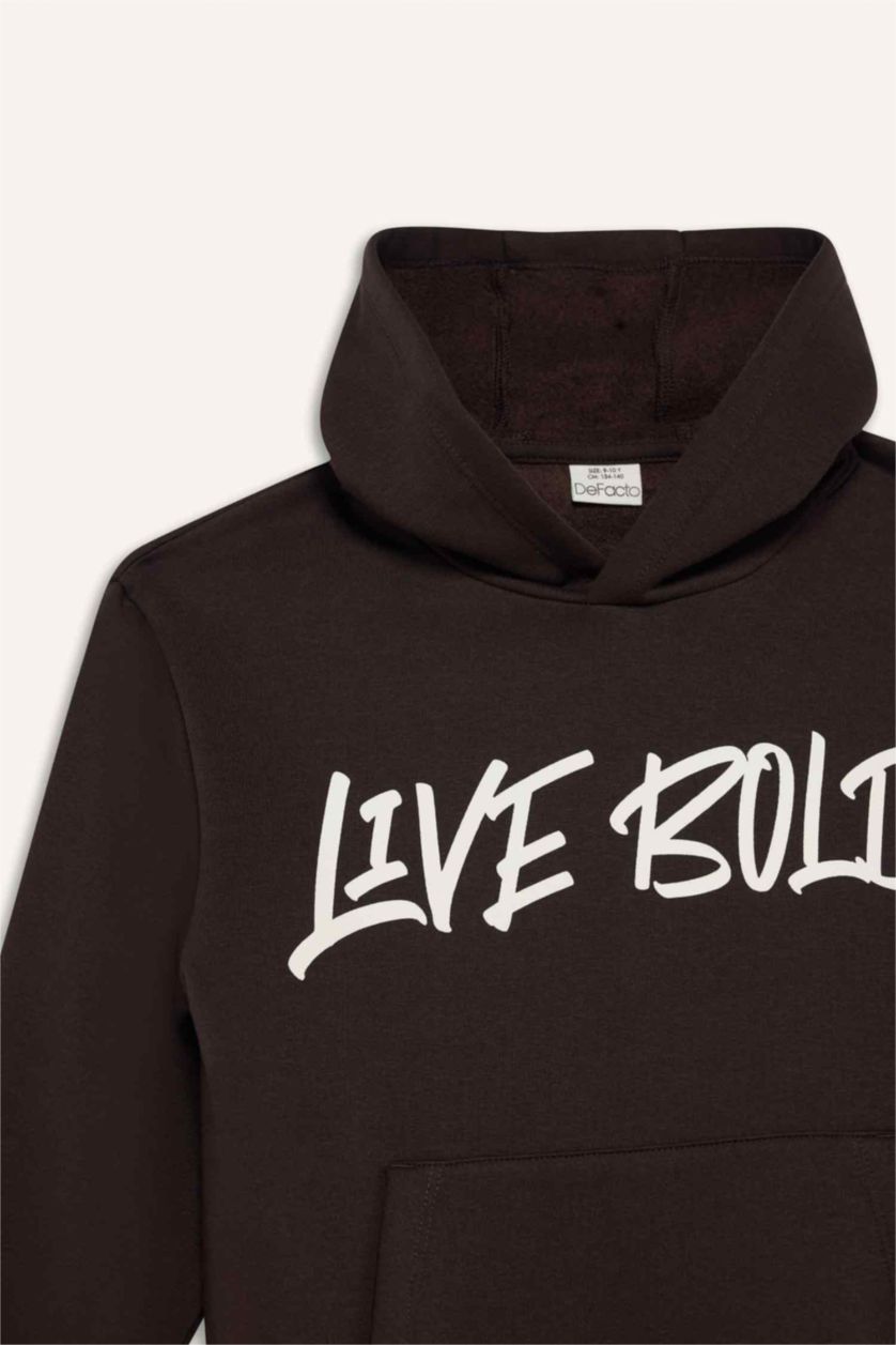 Erkek Çocuk - Genç Erkek Kahve Kapüşonlu Baskılı İçi Yumuşak Tüylü Sweatshirt Erkek Çocuk