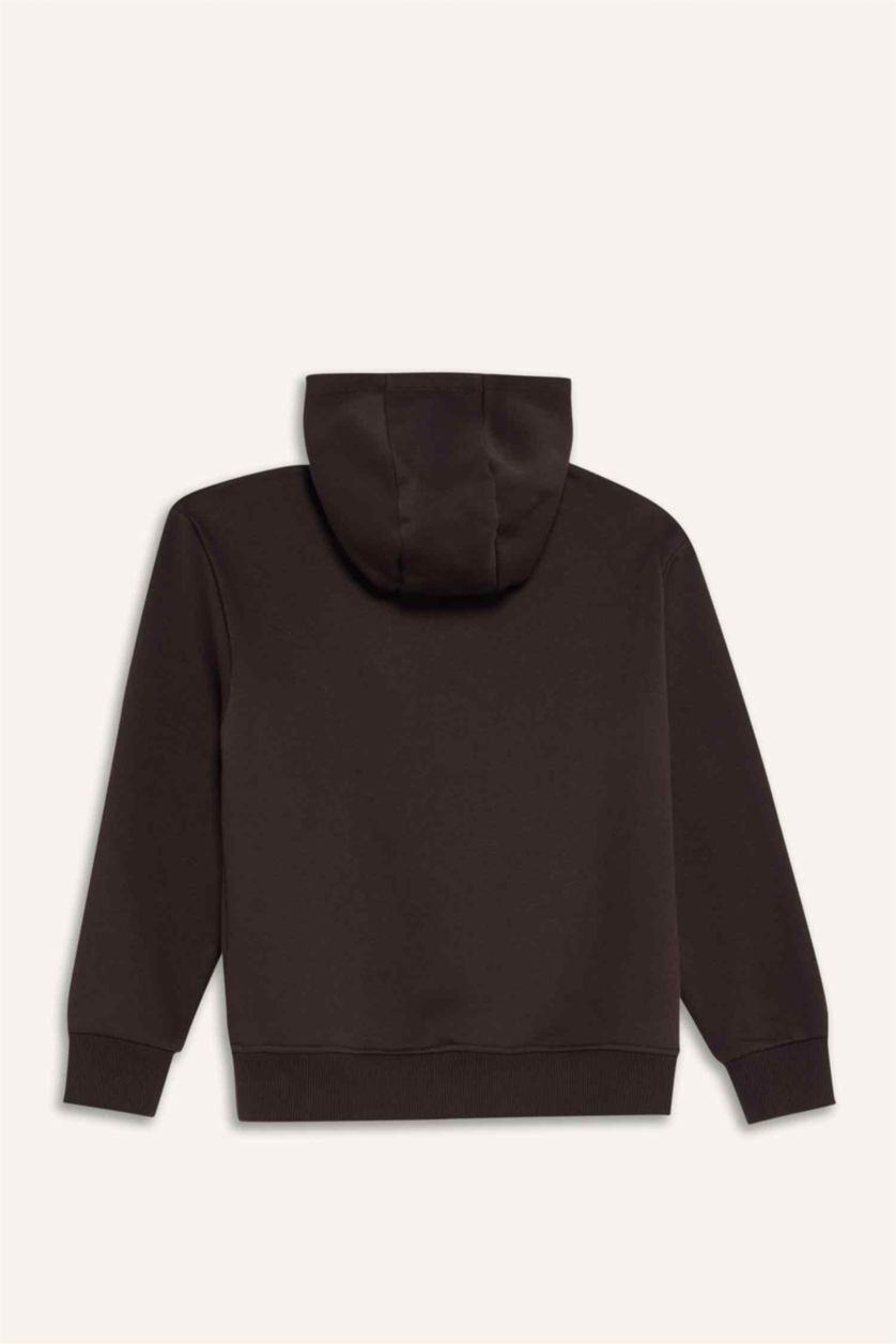 Erkek Çocuk - Genç Erkek Kahve Kapüşonlu Baskılı İçi Yumuşak Tüylü Sweatshirt Erkek Çocuk