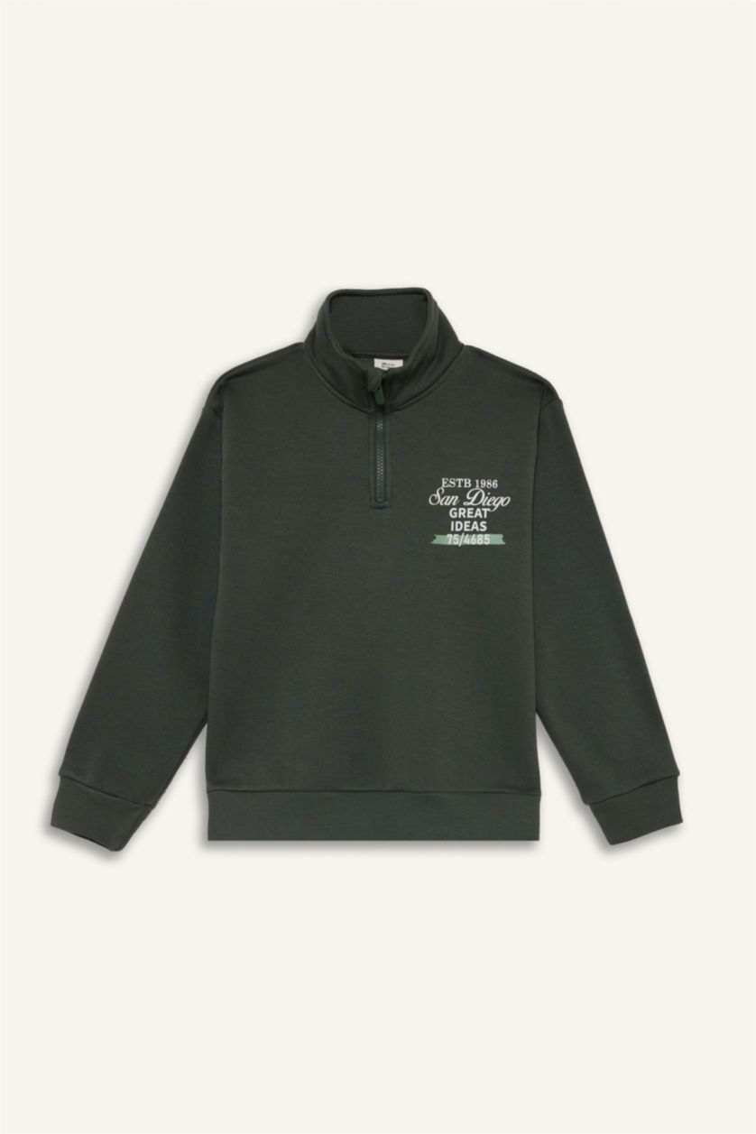 Erkek Çocuk - Genç Erkek Haki Yarım Fermuarlı İçi Yumuşak Tüylü Baskılı Sweatshirt Erkek Çocuk