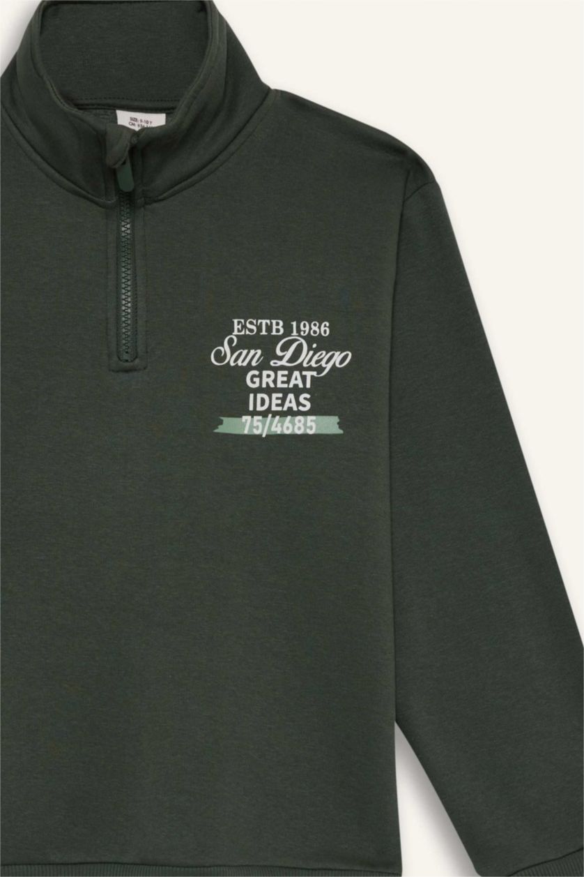 Erkek Çocuk - Genç Erkek Haki Yarım Fermuarlı İçi Yumuşak Tüylü Baskılı Sweatshirt Erkek Çocuk