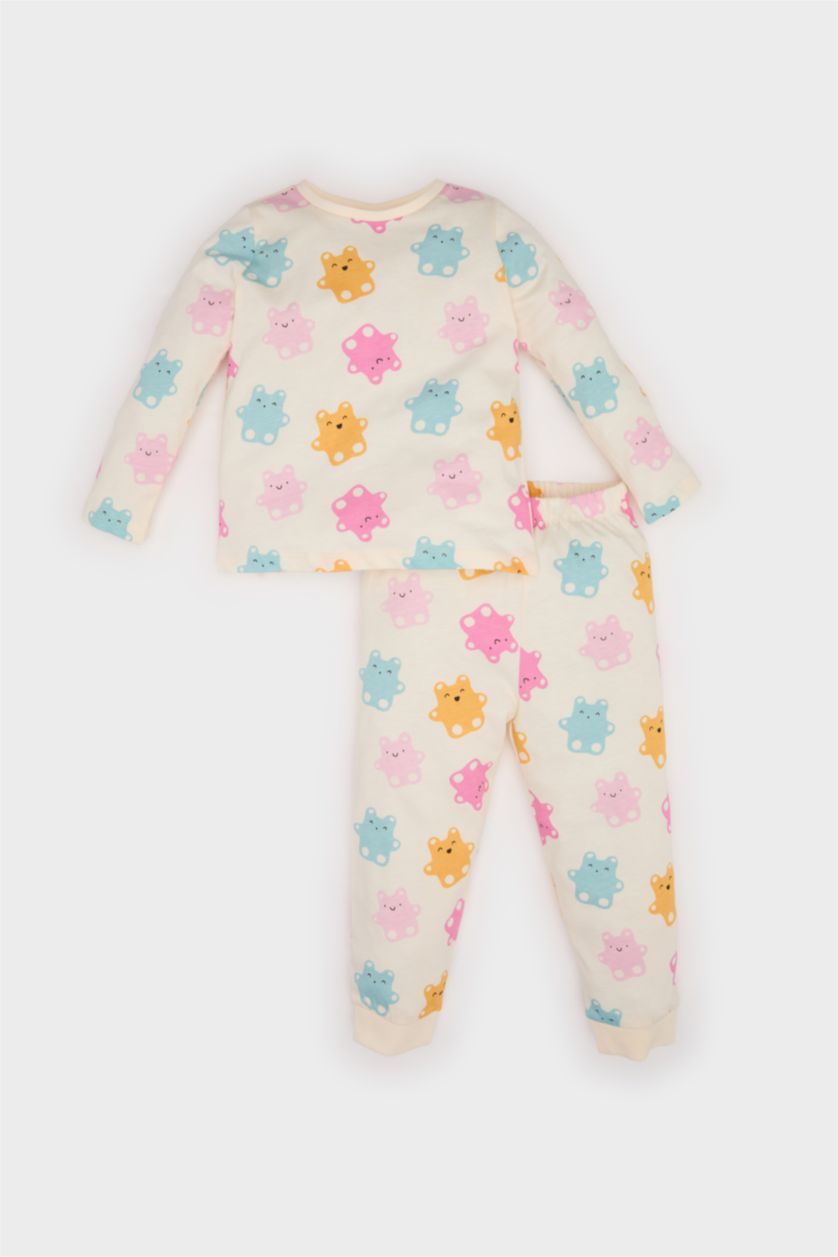 Baby Girl Ecru Baby Girl Bear Printed Cotton Top Bottom 2 Piece Pajama Set