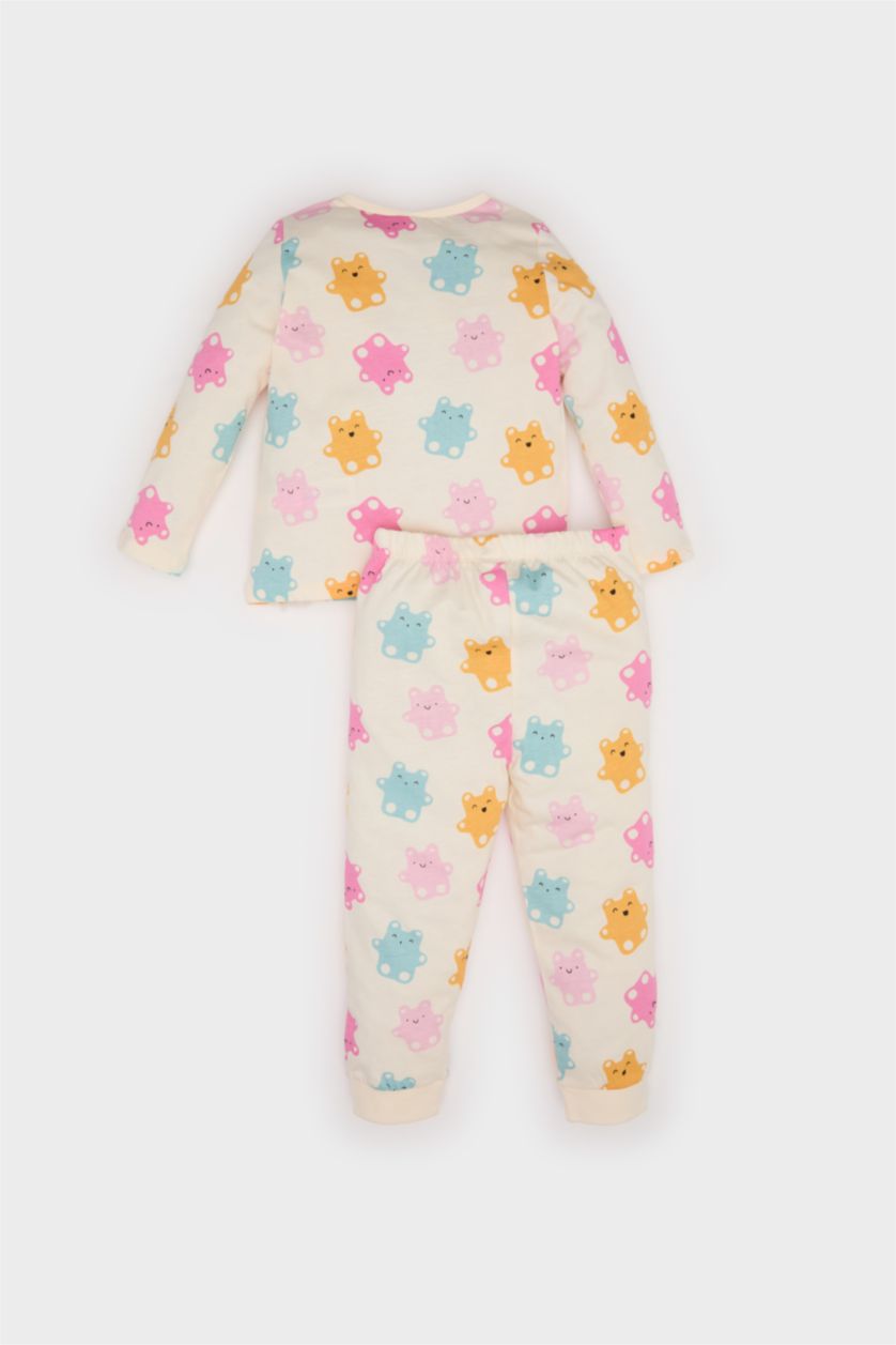 Baby Girl Ecru Baby Girl Bear Printed Cotton Top Bottom 2 Piece Pajama Set