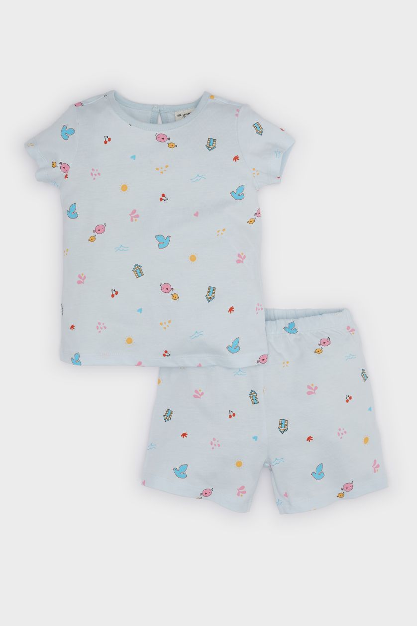 Kız Bebek Açık Mavi %100 Pamuklu Deniz Baskılı Beli Lastikli Pijama Takımı Kız Bebek