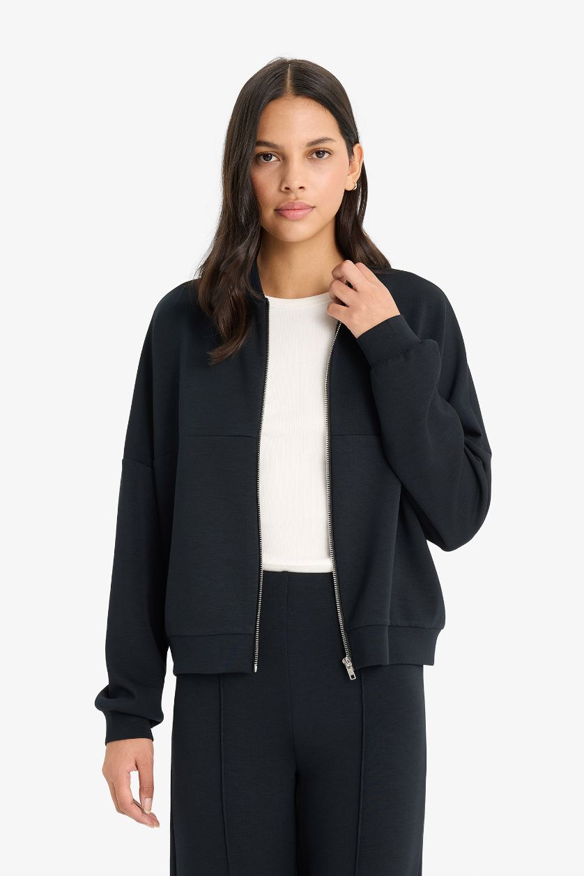 FEMME Noir Sweat zippé à col officier Coupe décontractée