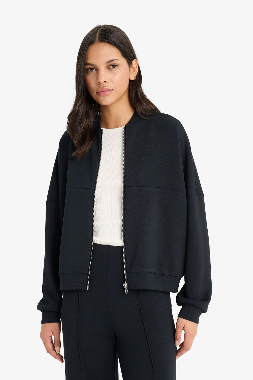 FEMME Noir Sweat zippé à col officier Coupe décontractée