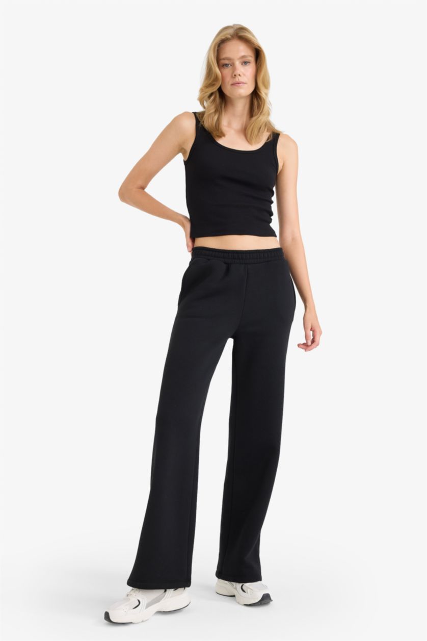 Kadın Siyah Straight Fit Kalın Eşofman Altı Cepli Standart Boy