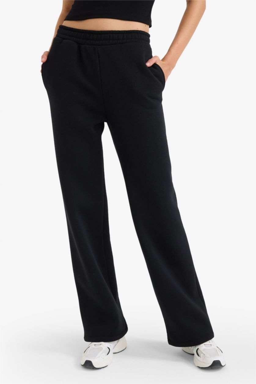 Kadın Siyah Straight Fit Kalın Eşofman Altı Cepli Standart Boy