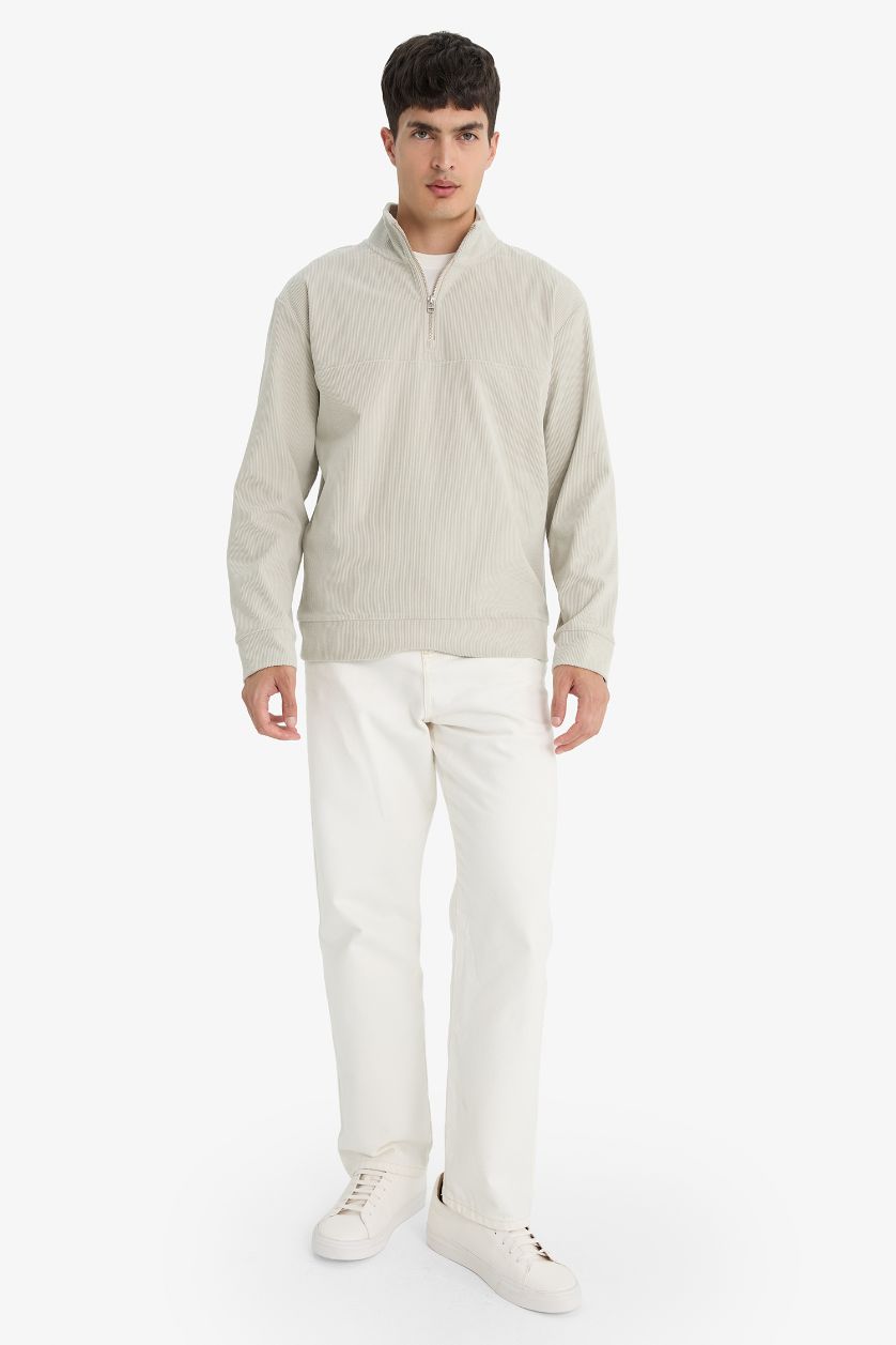 Erkek Taş Regular Fit Dik Yaka Yarım Fermuarlı Fitilli Kadife Sweatshirt