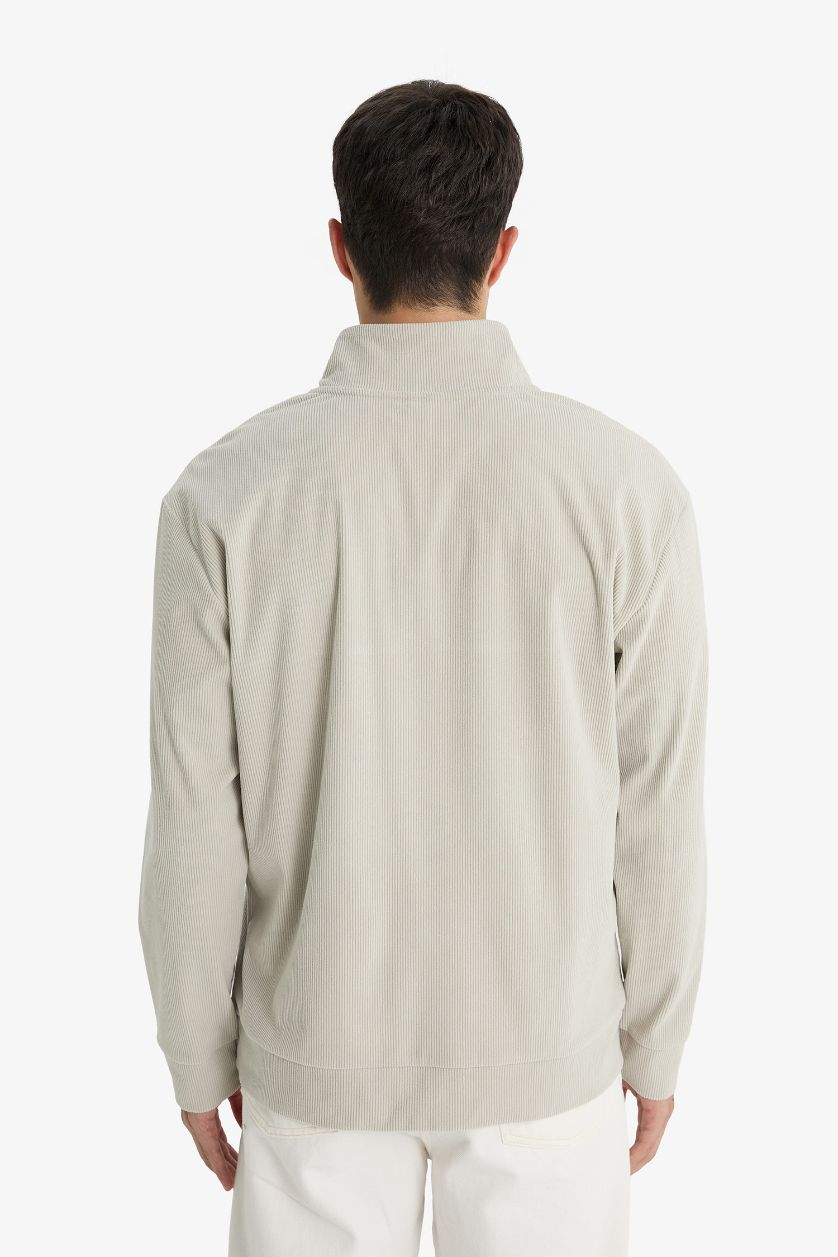 Erkek Taş Regular Fit Dik Yaka Yarım Fermuarlı Fitilli Kadife Sweatshirt