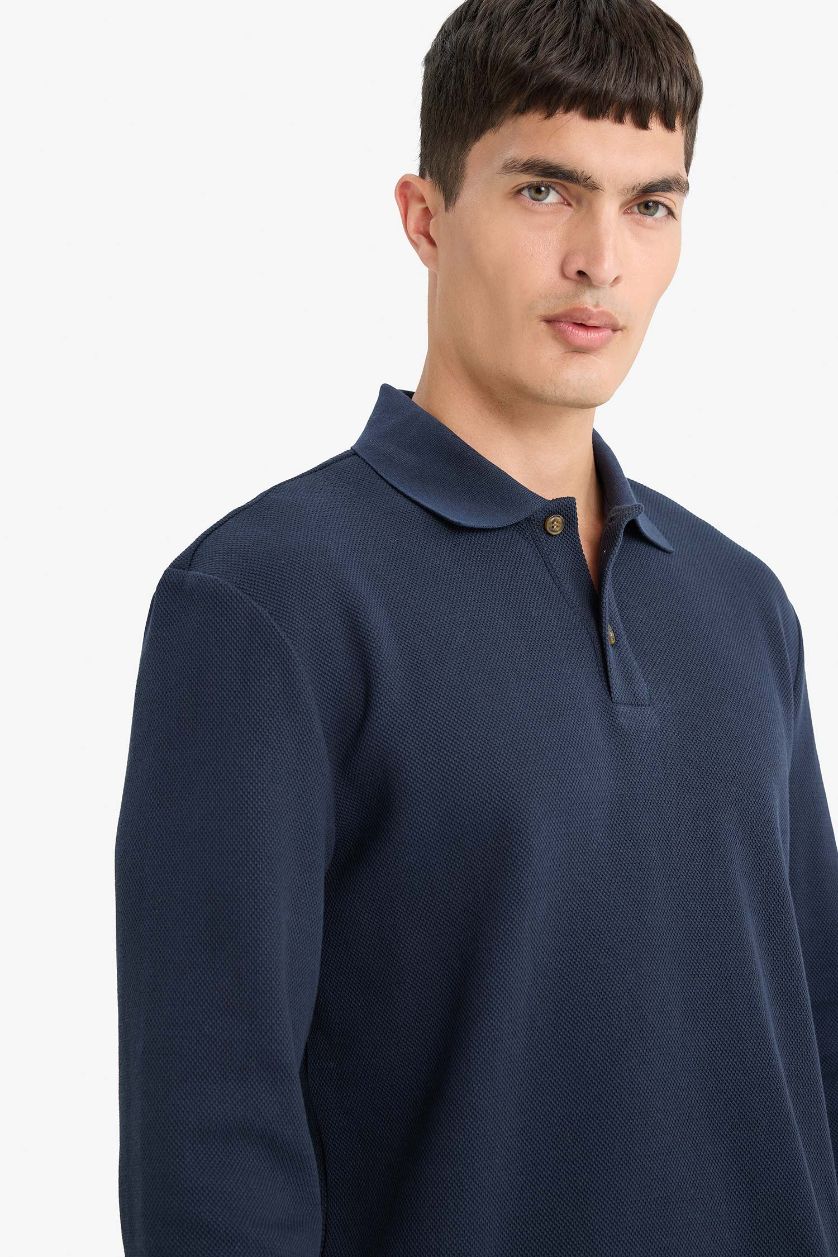 Erkek Lacivert %100 Pamuk Düğmeli Sweatshirt