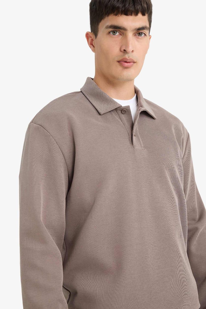 Erkek Açık Kahve Regular Fıt Polo Yaka Sweatshirt