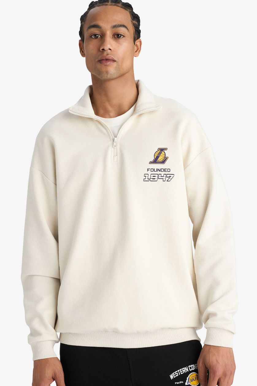 Erkek Taş NBA Los Angeles Lakers Oversize Geniş Kalıp Dik Yaka Yarım Fermuarlı Jakarlı Sweatshirt