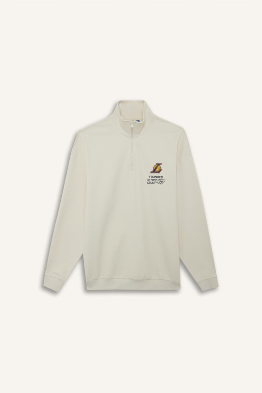 Erkek Taş NBA Los Angeles Lakers Oversize Geniş Kalıp Dik Yaka Yarım Fermuarlı Jakarlı Sweatshirt