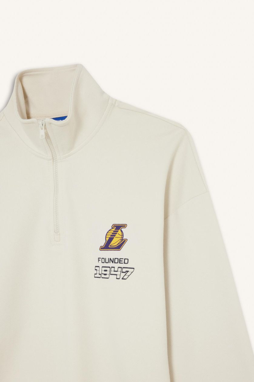 Erkek Taş NBA Los Angeles Lakers Oversize Geniş Kalıp Dik Yaka Yarım Fermuarlı Jakarlı Sweatshirt