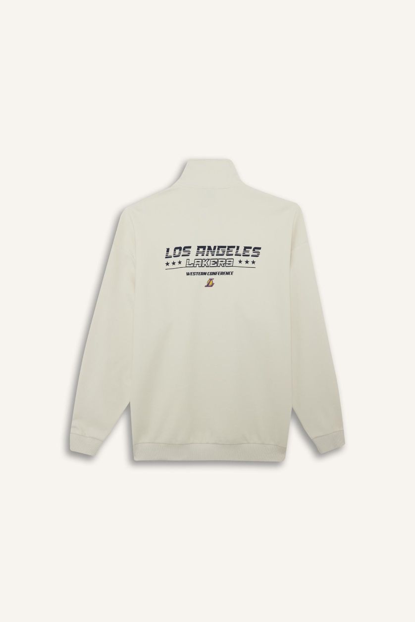 Erkek Taş NBA Los Angeles Lakers Oversize Geniş Kalıp Dik Yaka Yarım Fermuarlı Jakarlı Sweatshirt