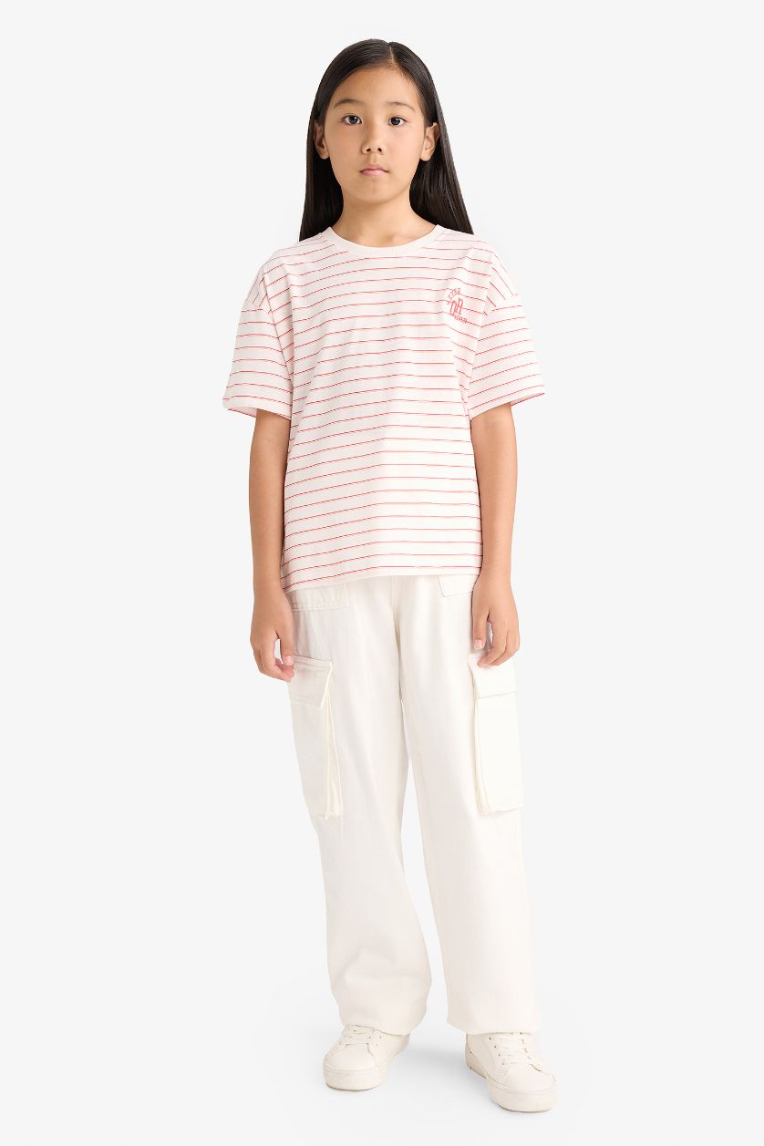 Kız Çocuk - Genç Kız Ekru Relax Fit Bisiklet Yaka Çizgili Kısa Kollu Tişört Kız Çocuk