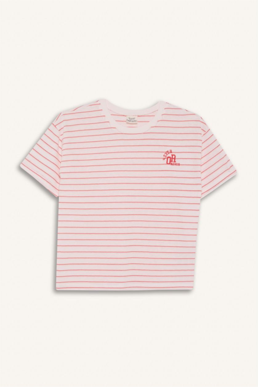 Kız Çocuk - Genç Kız Ekru Relax Fit Bisiklet Yaka Çizgili Kısa Kollu Tişört Kız Çocuk