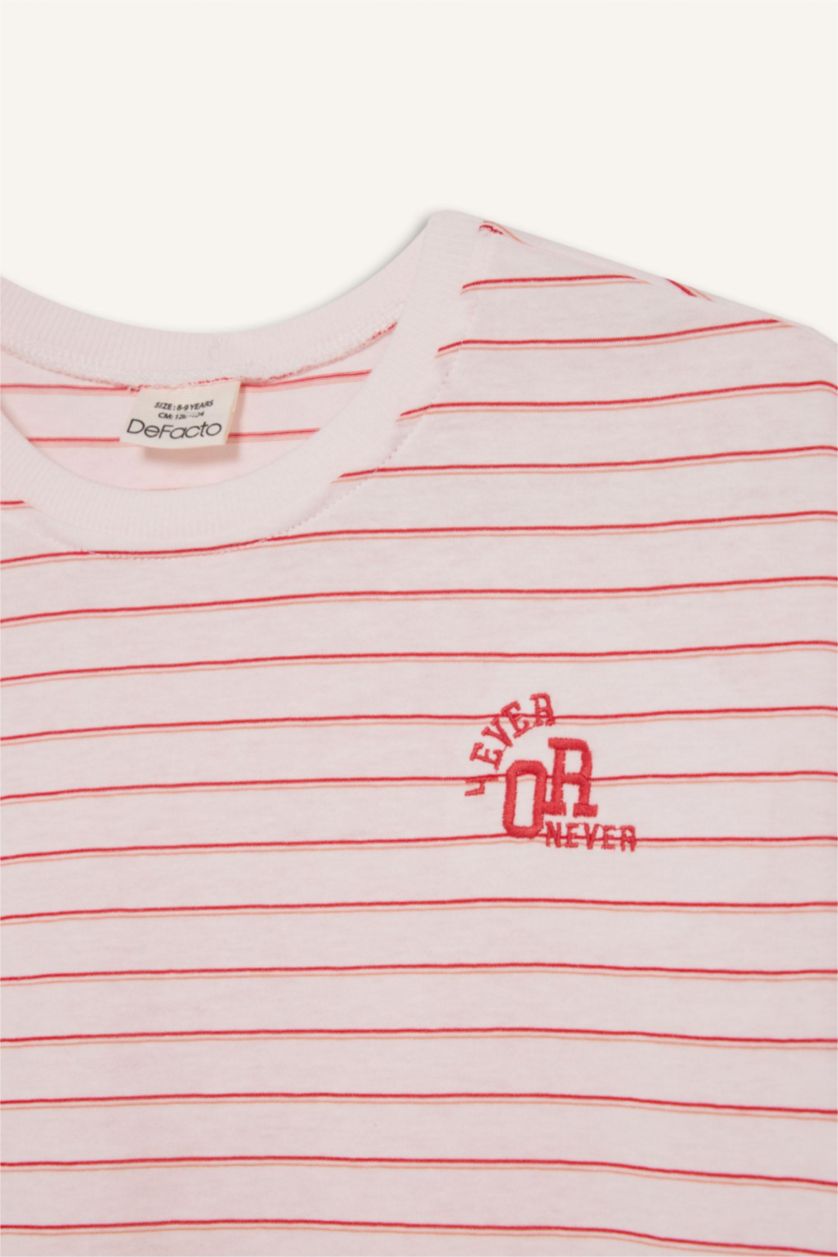 Kız Çocuk - Genç Kız Ekru Relax Fit Bisiklet Yaka Çizgili Kısa Kollu Tişört Kız Çocuk