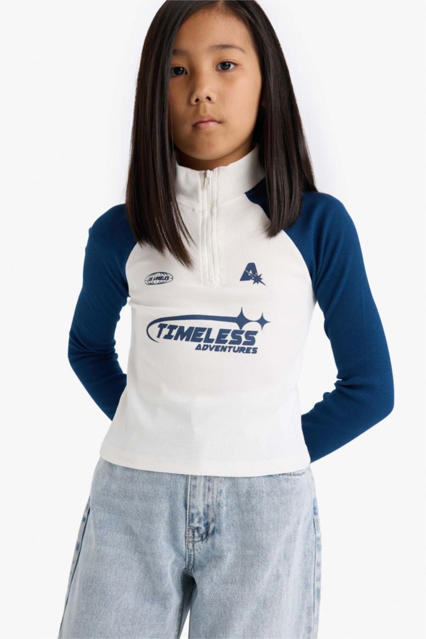 Kız Çocuk - Genç Kız Ekru Fitted Dik Yaka Fermuarlı Baskılı Fitilli Kaşkorse Uzun Kollu Tişört Kız Çocuk