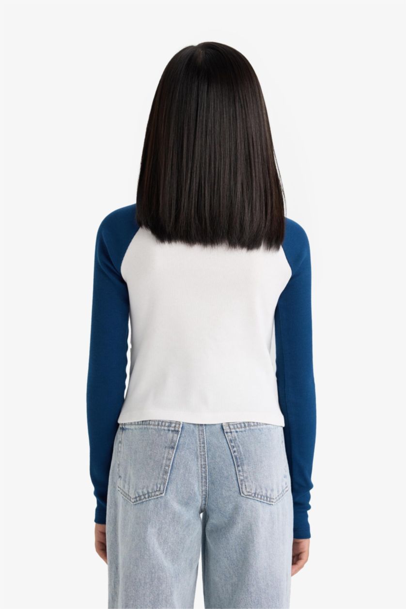 Kız Çocuk - Genç Kız Ekru Fitted Dik Yaka Fermuarlı Baskılı Fitilli Kaşkorse Uzun Kollu Tişört Kız Çocuk