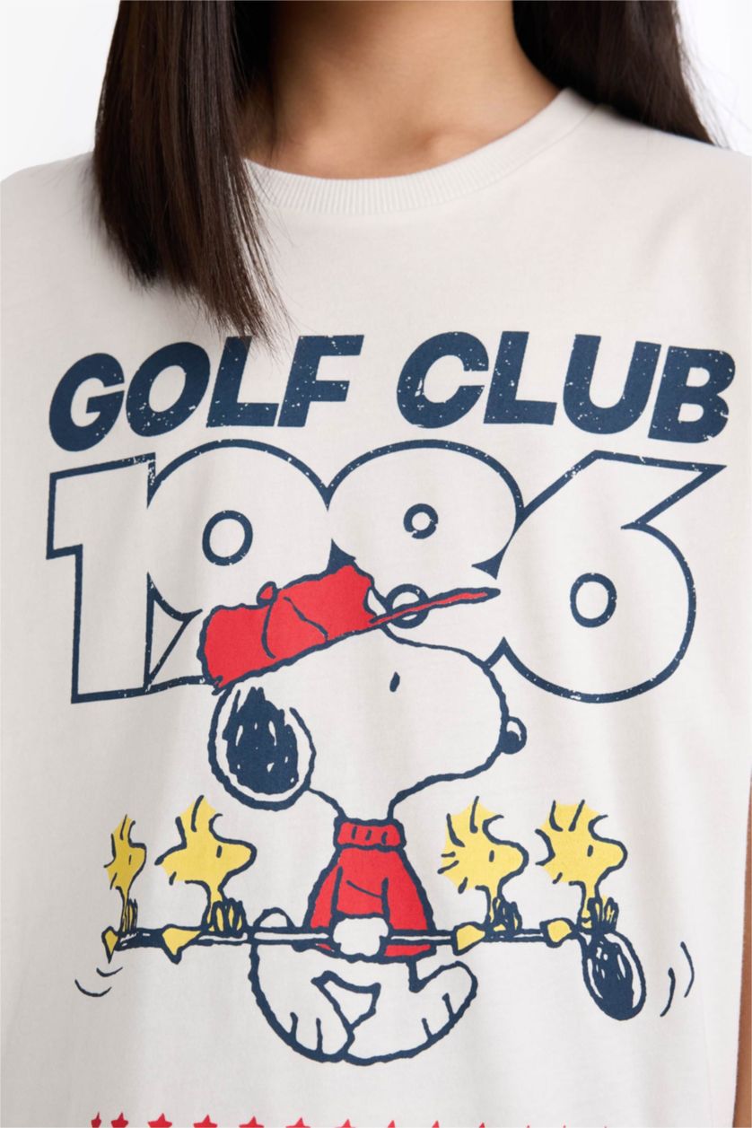 Kız Çocuk - Genç Kız Ekru Snoopy Oversize Geniş Kalıp Bisiklet Yaka Kısa Kollu Tişört Kız Çocuk