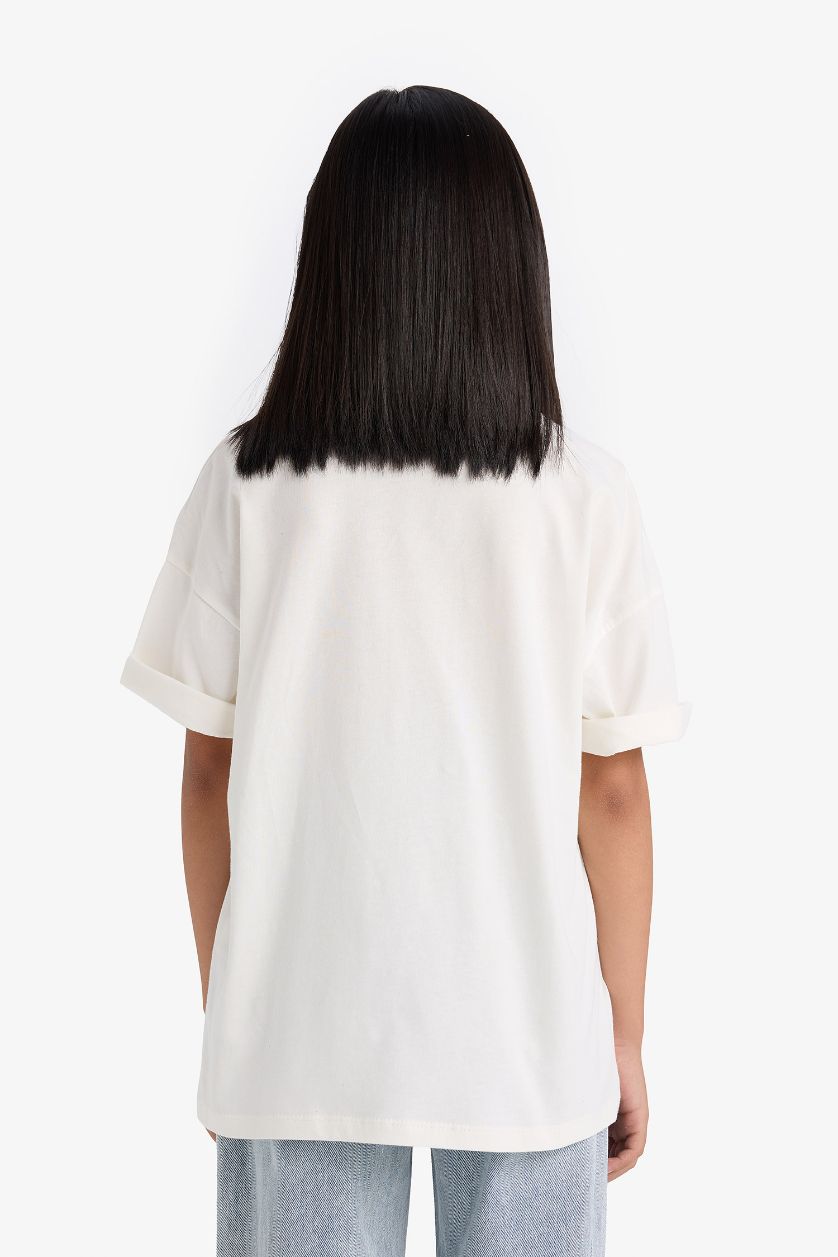 Kız Çocuk - Genç Kız Ekru Snoopy Oversize Geniş Kalıp Bisiklet Yaka Kısa Kollu Tişört Kız Çocuk