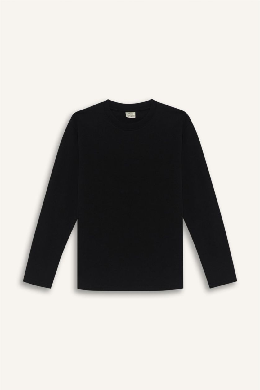 Erkek Çocuk - Genç Erkek Siyah Bisiklet Yaka Basic Düz Uzun Kollu Okul Tişörtü Erkek Çocuk