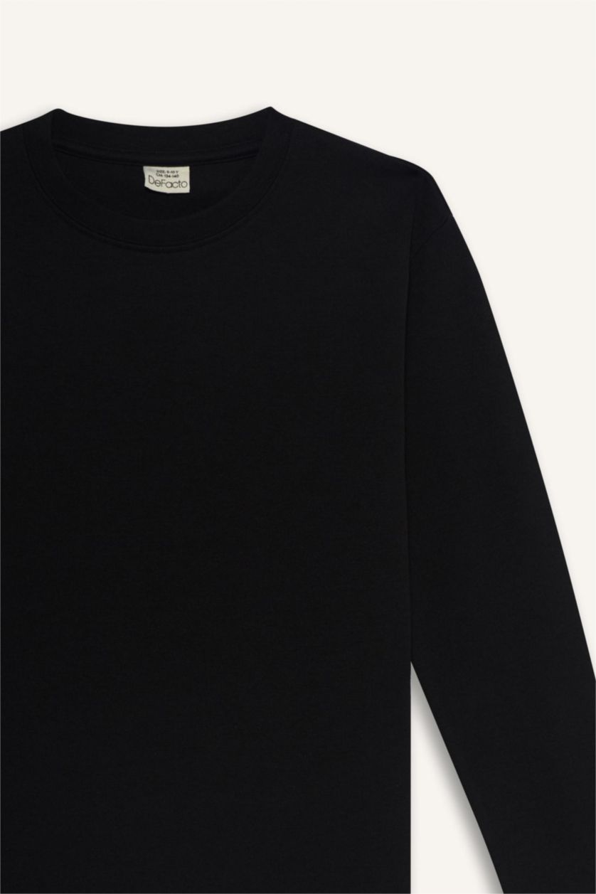 Erkek Çocuk - Genç Erkek Siyah Bisiklet Yaka Basic Düz Uzun Kollu Okul Tişörtü Erkek Çocuk