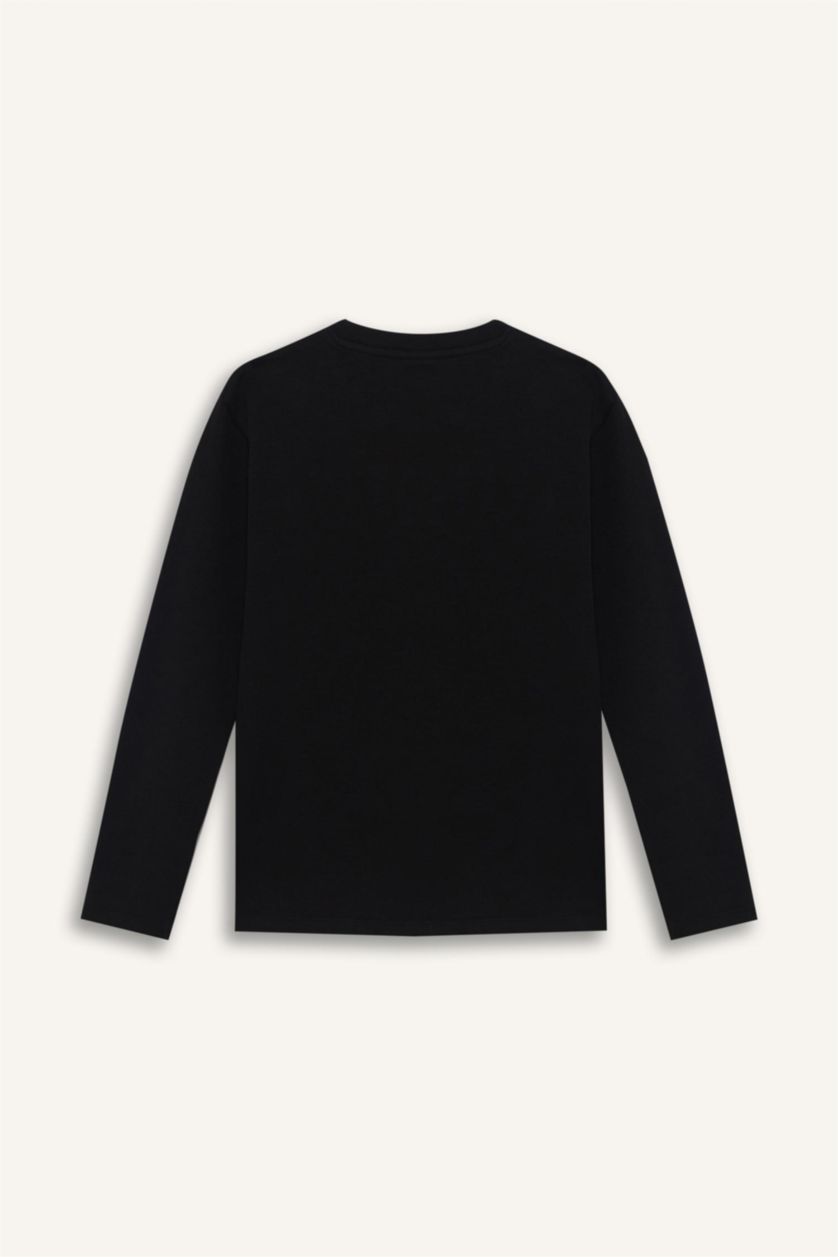 Erkek Çocuk - Genç Erkek Siyah Bisiklet Yaka Basic Düz Uzun Kollu Okul Tişörtü Erkek Çocuk