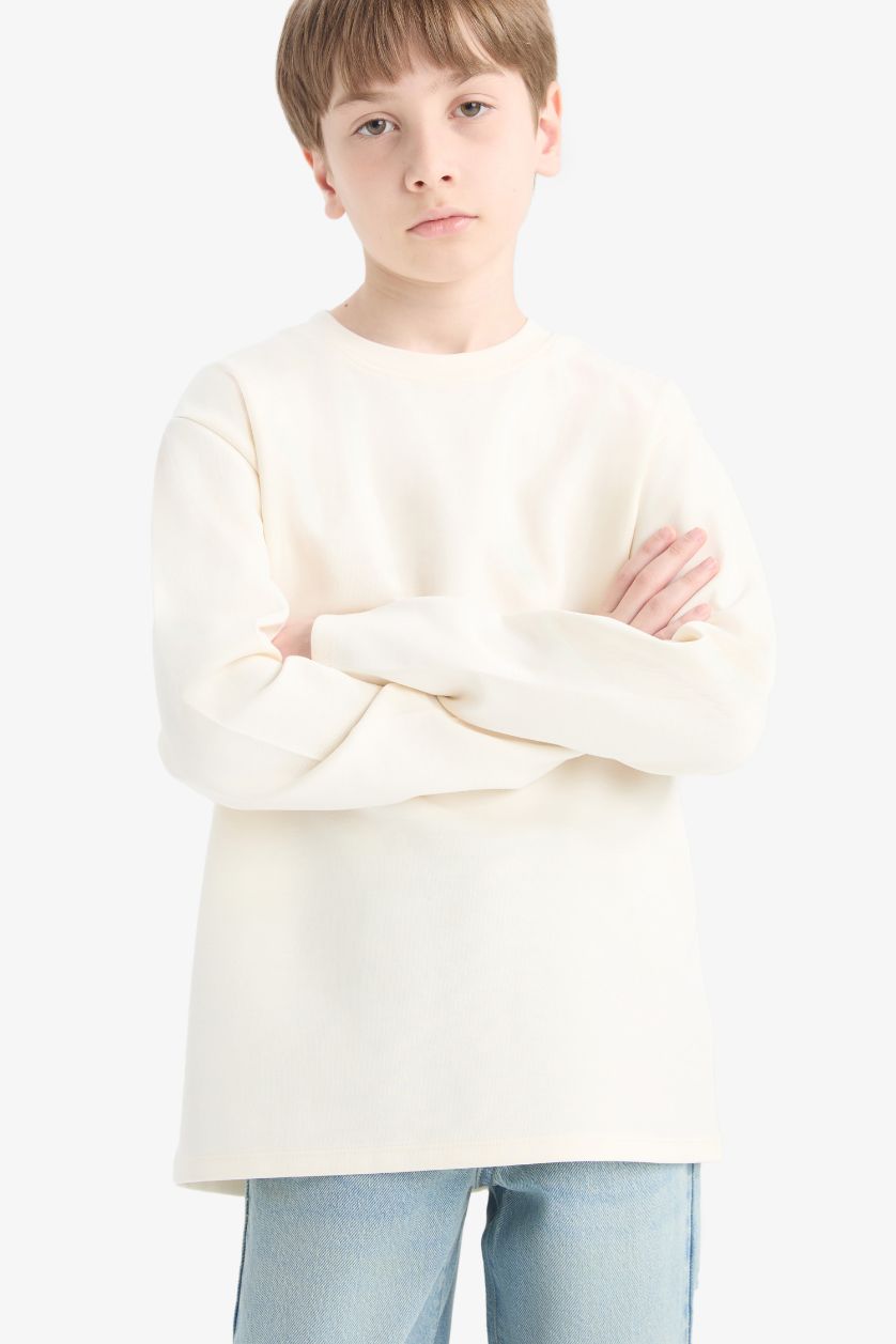 Erkek Çocuk - Genç Erkek Ekru Bisiklet Yaka Basic Düz Uzun Kollu Okul Tişörtü Erkek Çocuk