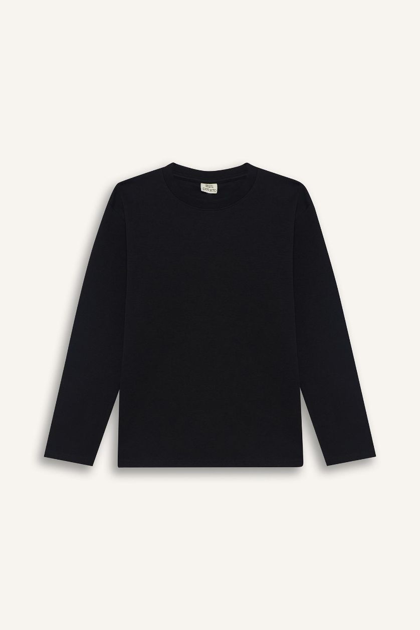 Erkek Çocuk - Genç Erkek Lacivert Bisiklet Yaka Basic Düz Uzun Kollu Okul Tişörtü Erkek Çocuk