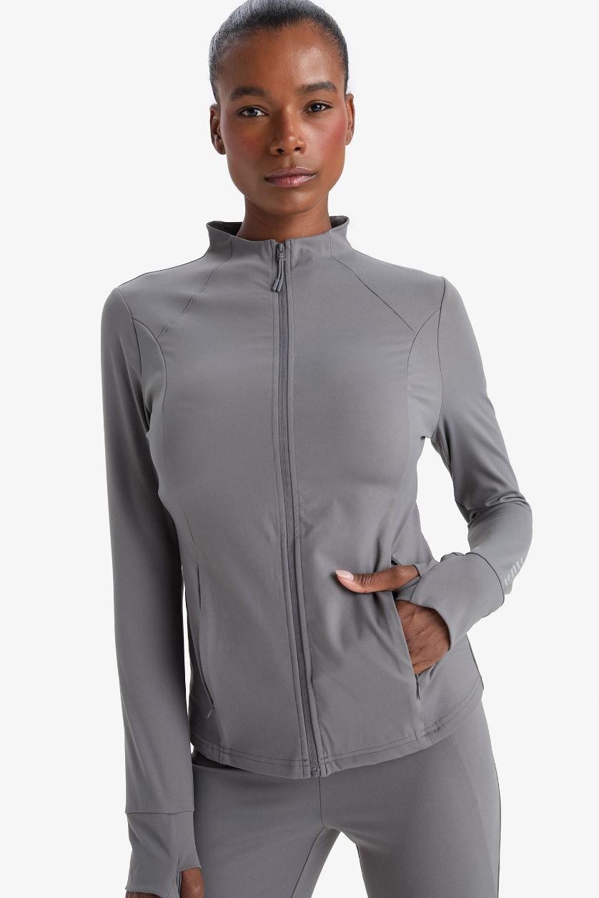 Kadın Açık Antrasit Slim Fit Dar Kesim Dik Yaka Hırka