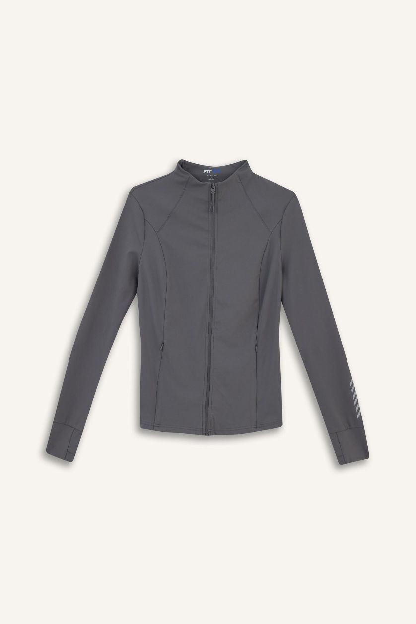 Kadın Açık Antrasit Slim Fit Dar Kesim Dik Yaka Hırka