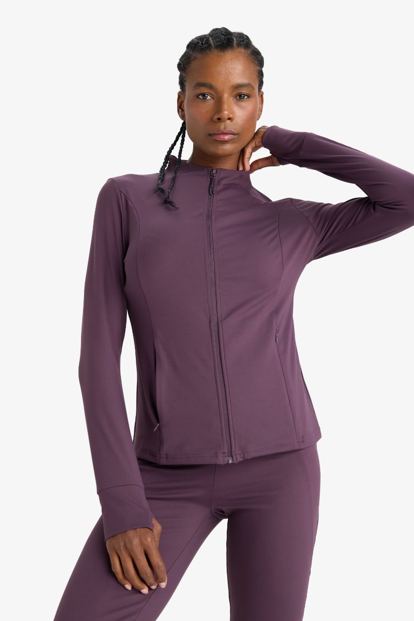 Woman Dark Bordeaux DeFactoFit Slim Fit Stand Collar Cardigan