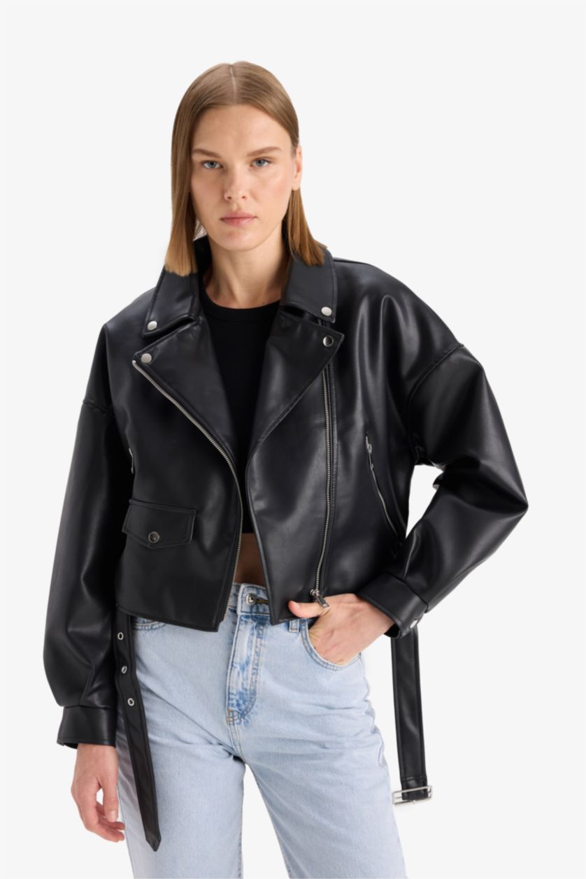 Женщины Черный Куртка с искусственной кожей и карманами на молнии