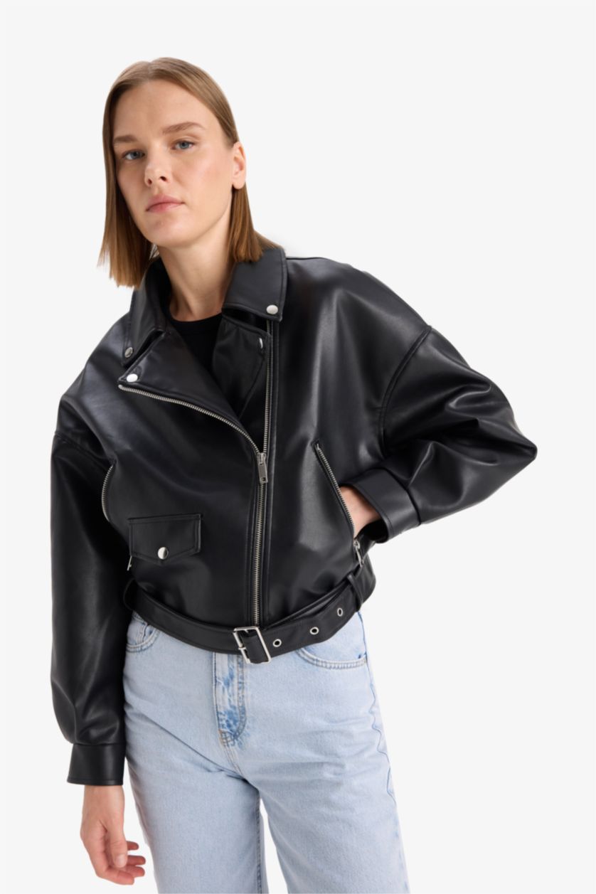 Женщины Черный Куртка с искусственной кожей и карманами на молнии