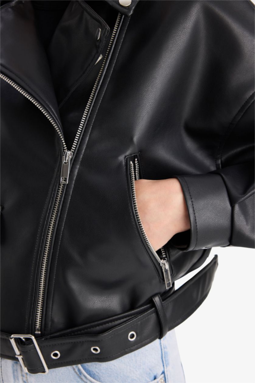 Женщины Черный Куртка с искусственной кожей и карманами на молнии