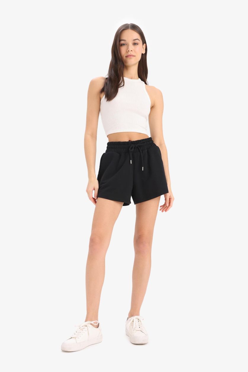 Woman Black Relax Fit Flexible Waist Laced Shorts