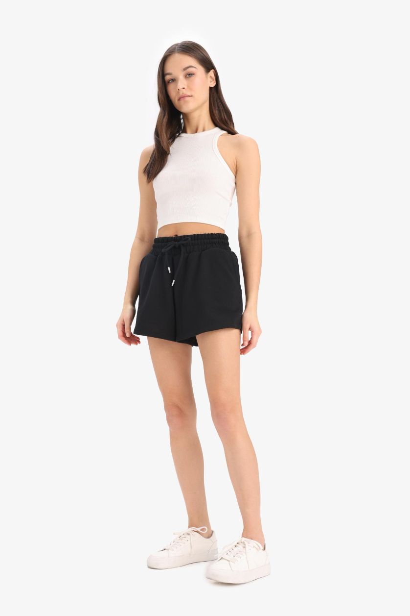 Woman Black Relax Fit Flexible Waist Laced Shorts