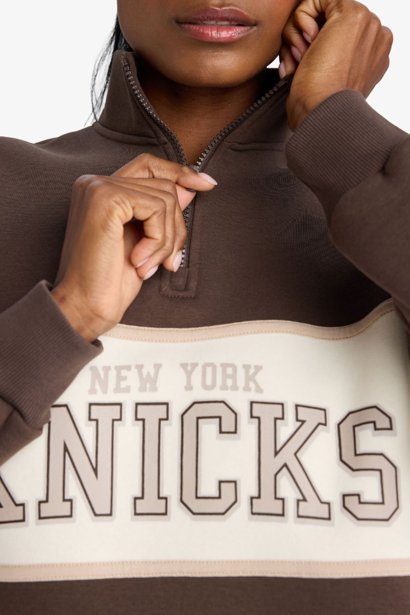 Kadın Kahve Aırtech NBA New York Knicks Oversize Geniş Kalıp Yarım Fermuarlı Sporcu Sweatshirt